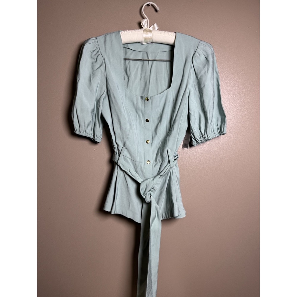 NWT Nine West Sage Green Puff Sleeve Squareneck Top Size M